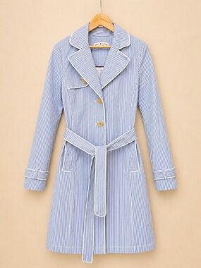 TOMMY HILFIGER Trench Coat Belted Striped Spring Jacket Classic